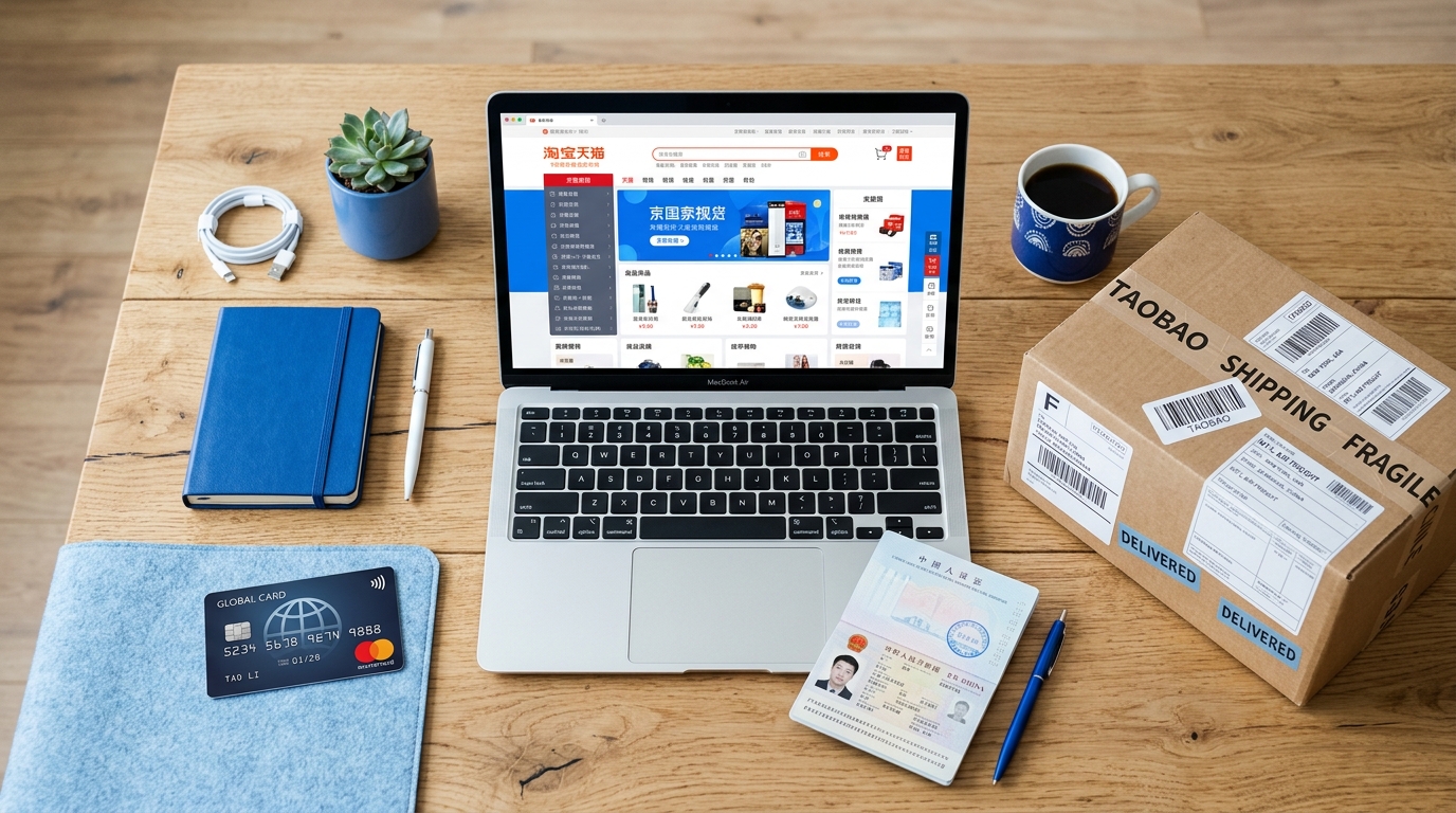 How to buy from 1688 as a foreigner guide featuring laptop, credit card, passport and international shipping box