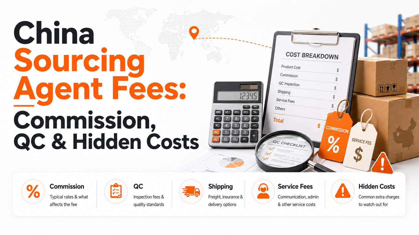 China sourcing agent fees guide showing commission, QC inspection, service fees, shipping and hidden cost breakdown