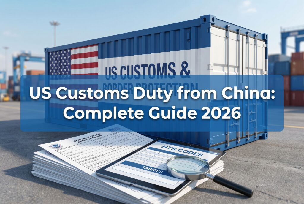 US Customs Duty from China guide featured image showing shipping container with US flag and customs documents