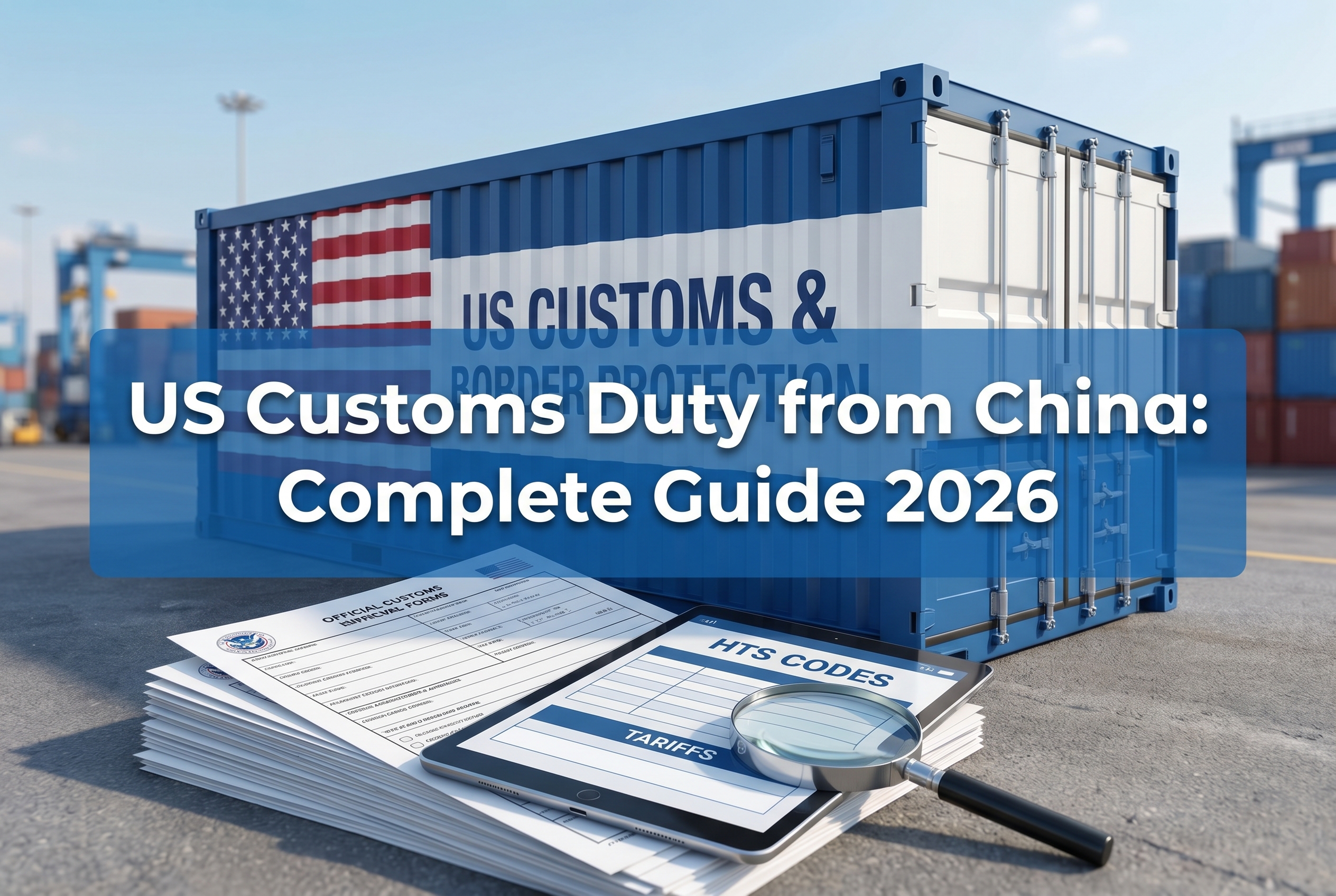 US Customs Duty from China guide featured image showing shipping container with US flag and customs documents