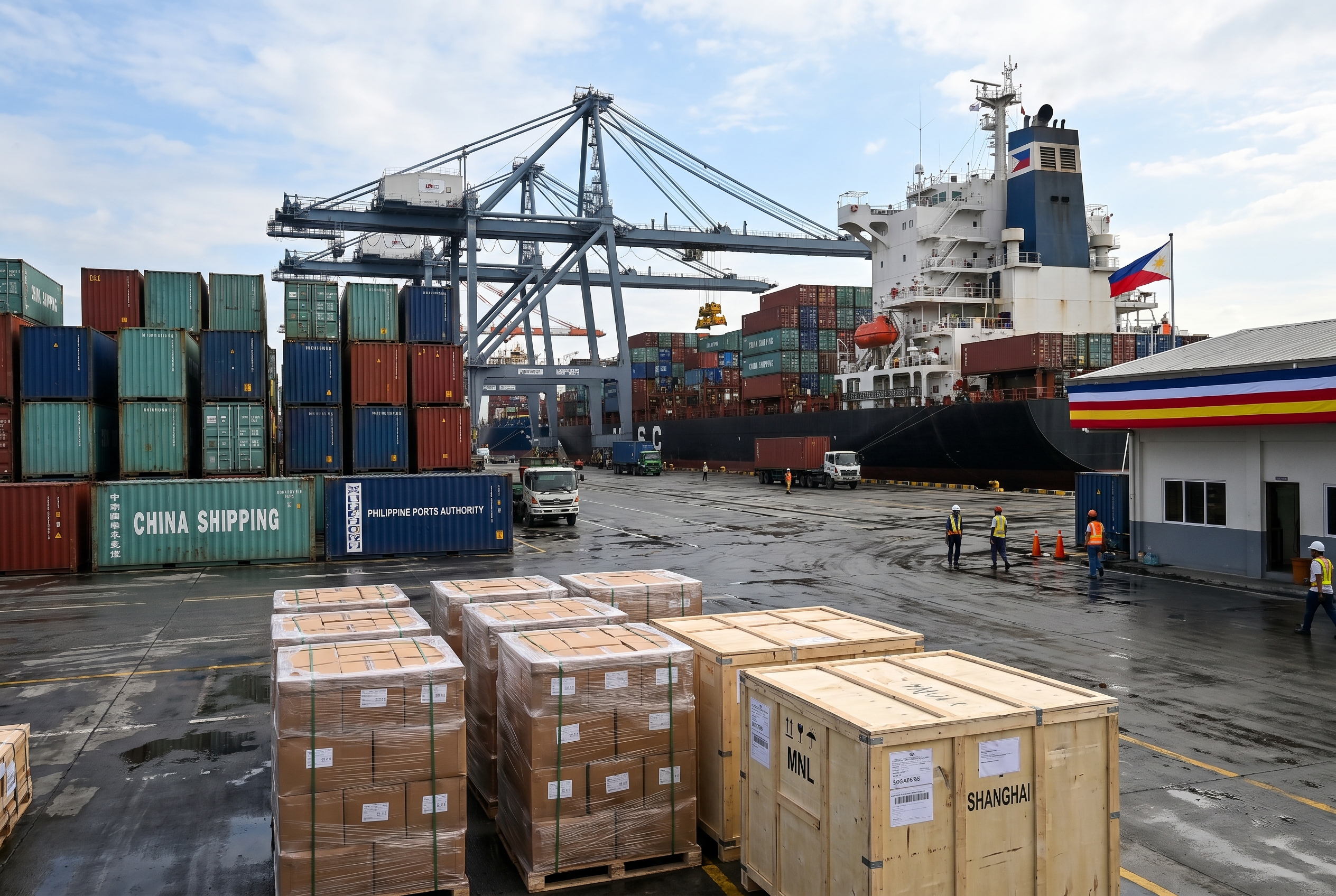 Shipping cargo containers and packages at a busy international port