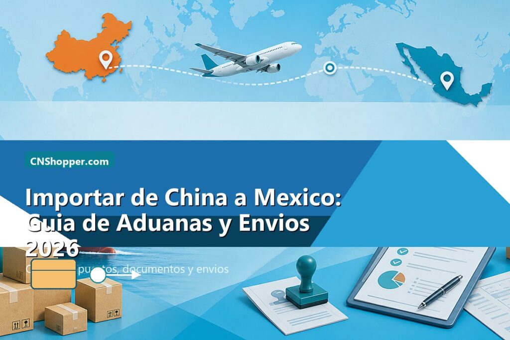 Portada estilo CNShopper.com sobre importar de China a Mexico con aduanas y envios
