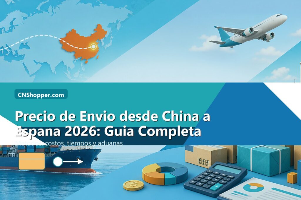 Portada estilo CNShopper.com sobre precios de envio desde China a Espana en 2026